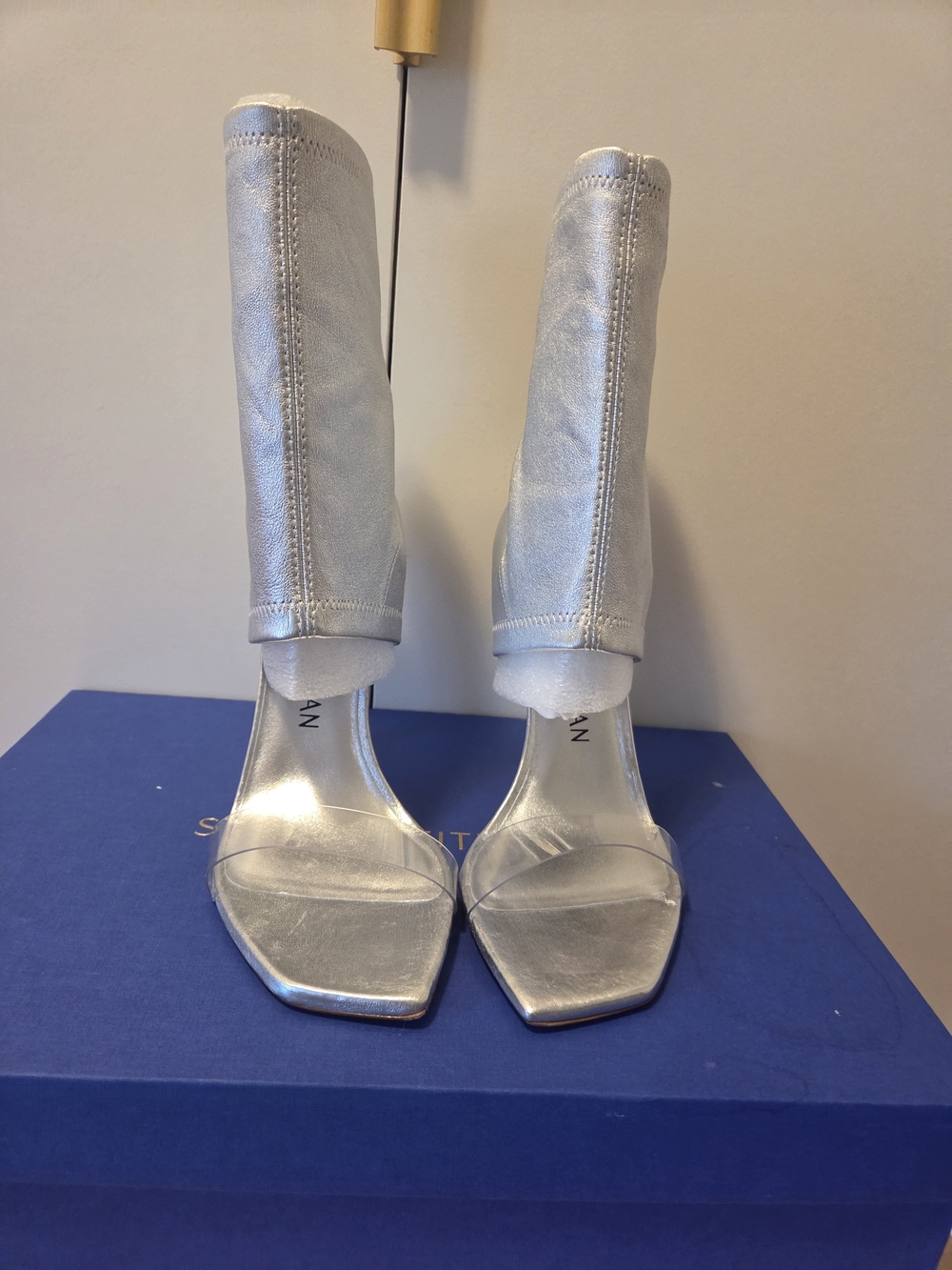 Stuart Weitzman Frntrw Metallic Silver Open-Toe High-Heel Ankle Boots 9.5